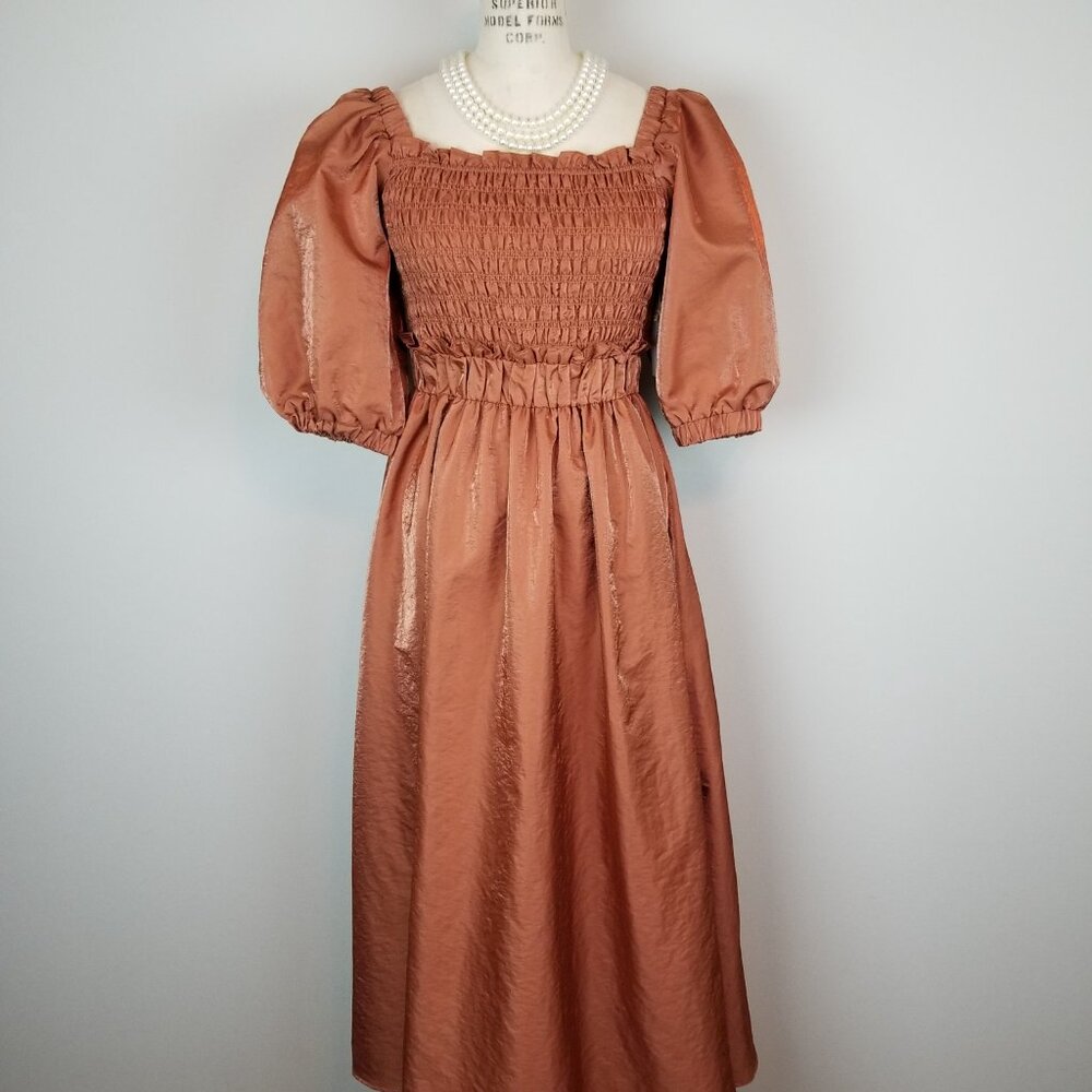 Moon River Copper A Line Midi Dress Smocked Bodice Puff Sleeves Medium NEWw/Tags